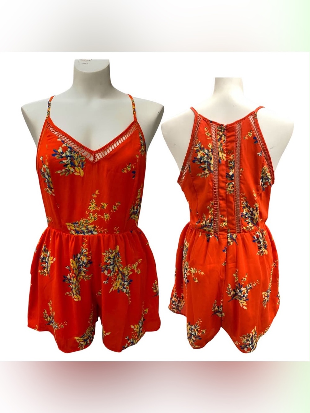 Sienna Sky Orange Floral Lace-Trim Romper Size M